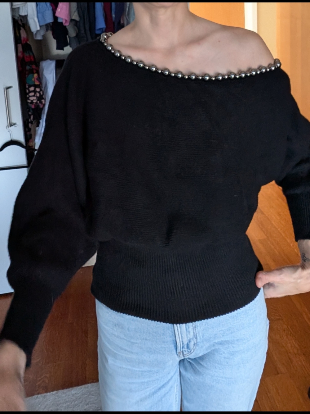 Zara Black Off-Shoulder Beaded-Neck Sweater Tapered Waist Size M